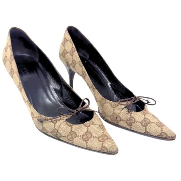 Gucci GG Logo Guccissima‎ Monogram Supreme Brown Canvas Leather Heels Bow US 8 - Picture 1 of 9